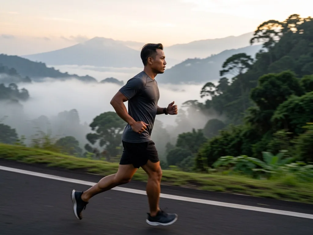 Man running at dawn near volcanic landscape